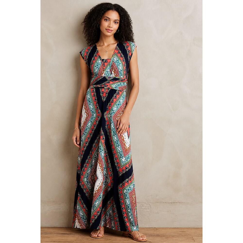 Maeve Verda Maxi Dress Small Boho Geometric Empire Waist Stretch Anthropologie S